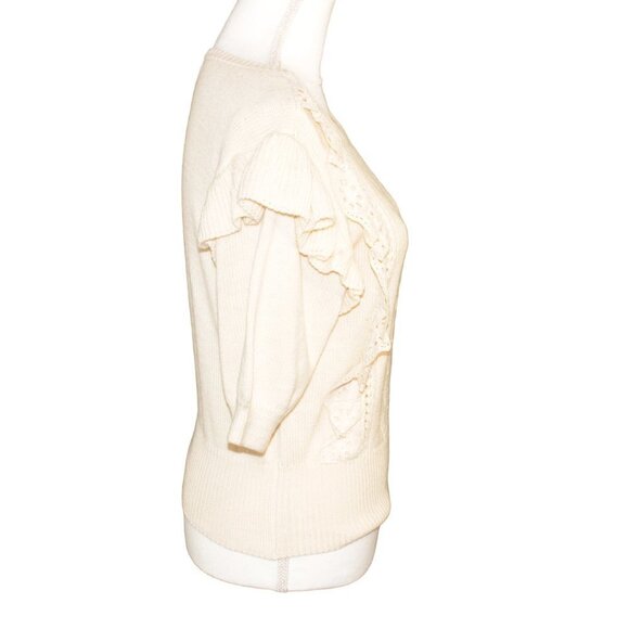 NWT LC Lauren Conrad Cream Women's M Crotchet Knit 3/4 Sleeve Top with Ruffles - Picture 2 of 8